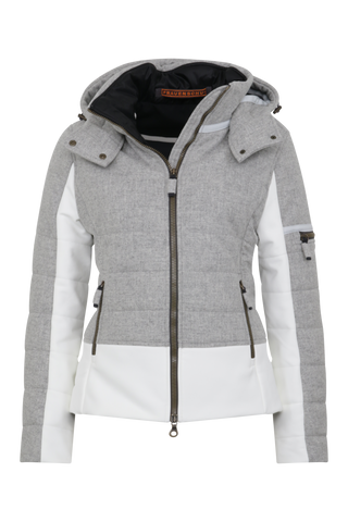 Vorderansicht der Damen Skijacke  Rosalie Multi-S in Farbe Cloud von Frauenschuh – mit typischen Lodendetails, freigestelltes Produktbild, Made in Austria