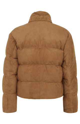 Daunenjacke aus Veloursleder von Frauenschuh Made in Italy Modell- Alpine CA in der Farbe cappuccino Rueckansicht