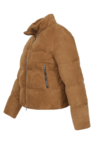 Daunenjacke aus Veloursleder von Frauenschuh Made in Italy Modell- Alpine CA in der Farbe cappuccino Seitenansicht