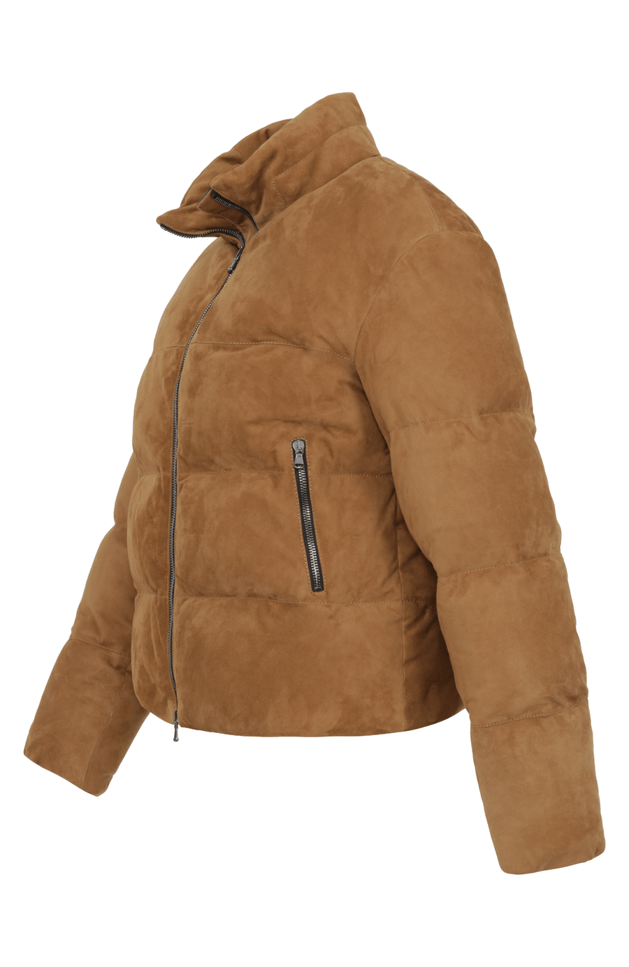 Daunenjacke aus Veloursleder von Frauenschuh Made in Italy Modell- Alpine CA in der Farbe cappuccino Seitenansicht