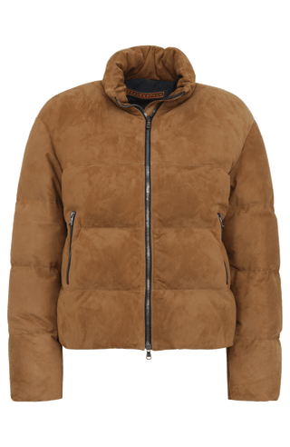 Daunenjacke aus Veloursleder von Frauenschuh Made in Italy Modell- Alpine CA in der Farbe cappuccino Vorderansicht