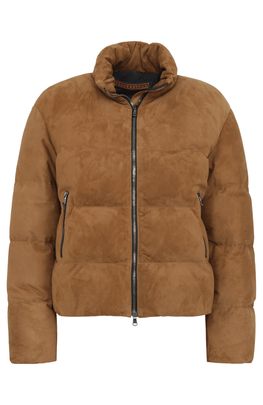 Daunenjacke aus Veloursleder von Frauenschuh Made in Italy Modell- Alpine CA in der Farbe cappuccino Vorderansicht