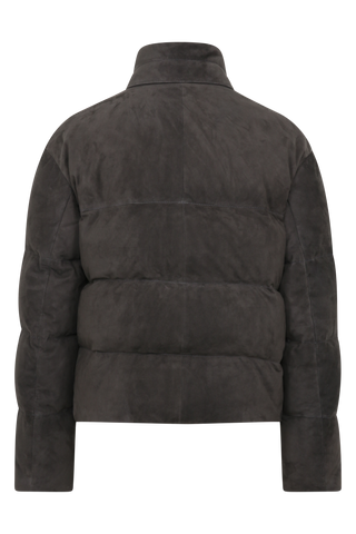Daunenjacke aus Veloursleder von Frauenschuh Made in Italy Modell- Alpine CA in der Farbe elefant Rueckansicht