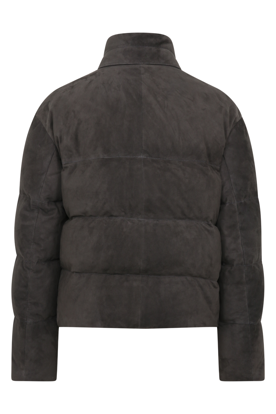 Daunenjacke aus Veloursleder von Frauenschuh Made in Italy Modell- Alpine CA in der Farbe elefant Rueckansicht