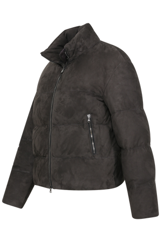 Daunenjacke aus Veloursleder von Frauenschuh Made in Italy Modell- Alpine CA in der Farbe elefant Seitenansicht