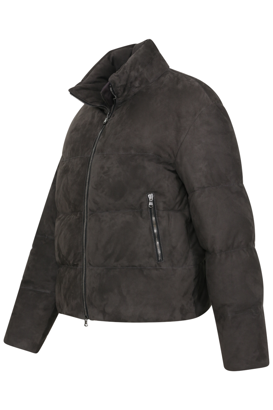 Daunenjacke aus Veloursleder von Frauenschuh Made in Italy Modell- Alpine CA in der Farbe elefant Seitenansicht