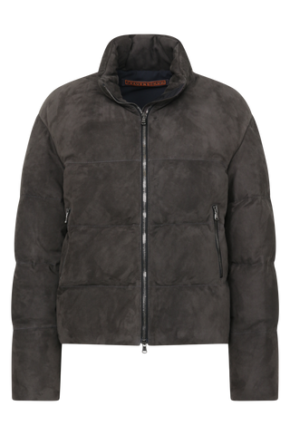 Daunenjacke aus Veloursleder von Frauenschuh Made in Italy Modell- Alpine CA in der Farbe elefant Vorderansicht