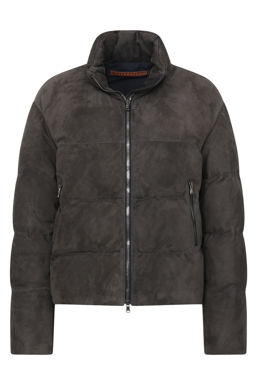 Daunenjacke aus Veloursleder von Frauenschuh Made in Italy Modell- Alpine CA in der Farbe elefant Vorderansicht