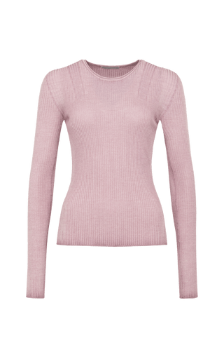 Eng anliegender Damen-Kaschmirpullover mit Rundhalsausschnitt in dustyrose (Farbe: rose), Modell 640601 AvrilDyed-RB –Vorderansicht Freisteller.