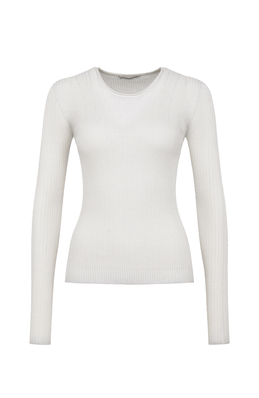 Eng anliegender Damen-Kaschmirpullover mit Rundhalsausschnitt in beige (Farbe: hbeige), Modell 640601 AvrilDyed-RB –Eng anliegender Damen-Kaschmirpullover mit Rundhalsausschnitt in beige (Farbe: hbeige), Modell 640601 AvrilDyed-RB –Rueckansicht Modelbild.orderansicht Freistellerbild.
