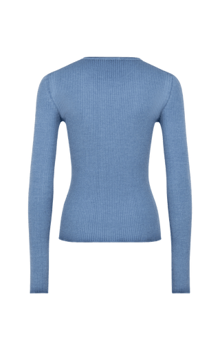 Eng anliegender Damen-Kaschmirpullover mit Eng anliegender Damen-Kaschmirpullover mit Rundhalsausschnitt in hellblau,(Farbe: hellblau, Modell 640601 AvrilDyed-RB –Rueckansicht Freisteller.
