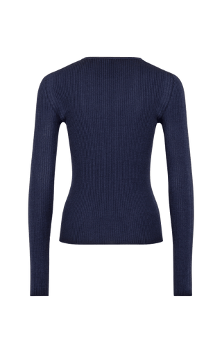 Eng anliegender Damen-Kaschmirpullover mit Rundhalsausschnitt in Dunkelblau (Farbe: Midnight), Modell 640601 AvrilDyed-RB – Vorderansicht Freisteller.