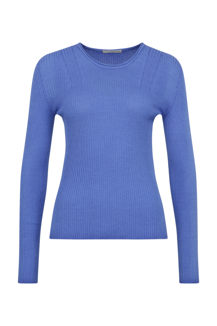 Eng anliegender Damen-Kaschmirpullover mit Rundhalsausschnitt in oceanblue  Modell 640601 AvrilDyed-RB –Vorderansicht Freisteller.