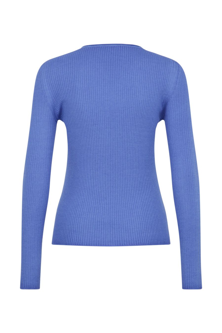 Eng anliegender Damen-Kaschmirpullover mit Rundhalsausschnitt in oceanblue  Modell 640601 AvrilDyed-RB –Rueckansicht Freisteller.