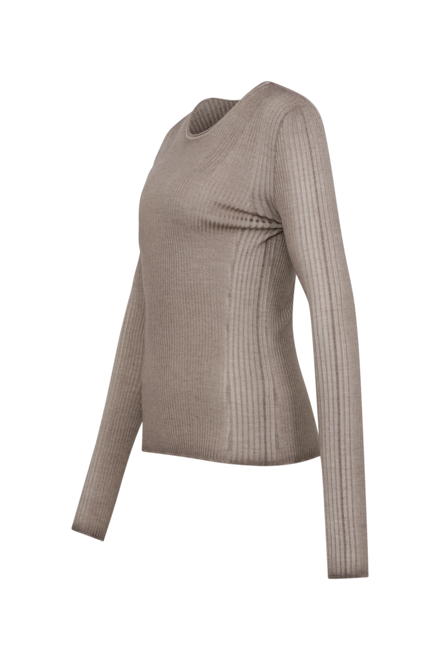 Eng anliegender Damen-Kaschmirpullover mit Rundhalsausschnitt in cashmere Modell 640601 AvrilDyed-RB –Seitenansicht Freisteller.