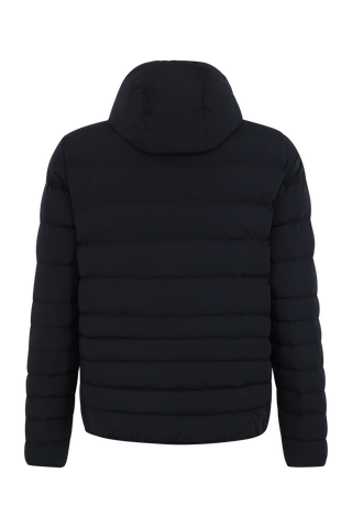 Frauenschuh Herren Daunen-Winterjacke Lorenzo in Schwarz – Rückansicht der Funktionsjacke mit gleichmäßigem Steppdesign und fester Kapuze. Die Jacke überzeugt durch ihre moderne Optik und funktionale Gestaltung, ideal für kalte Wintertage und vielseitige Aktivitäten.