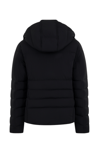 Rückansicht der Frauenschuh Matilde Daunenjacke in Schwarz, mit klar sichtbarer Steppung, geradem Schnitt und abnehmbarer Kapuze.