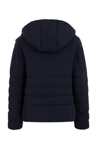 Rückansicht der Frauenschuh Matilde Daunenjacke in Dunkelblau, mit klar sichtbarer Steppung, geradem Schnitt und abnehmbarer Kapuze.