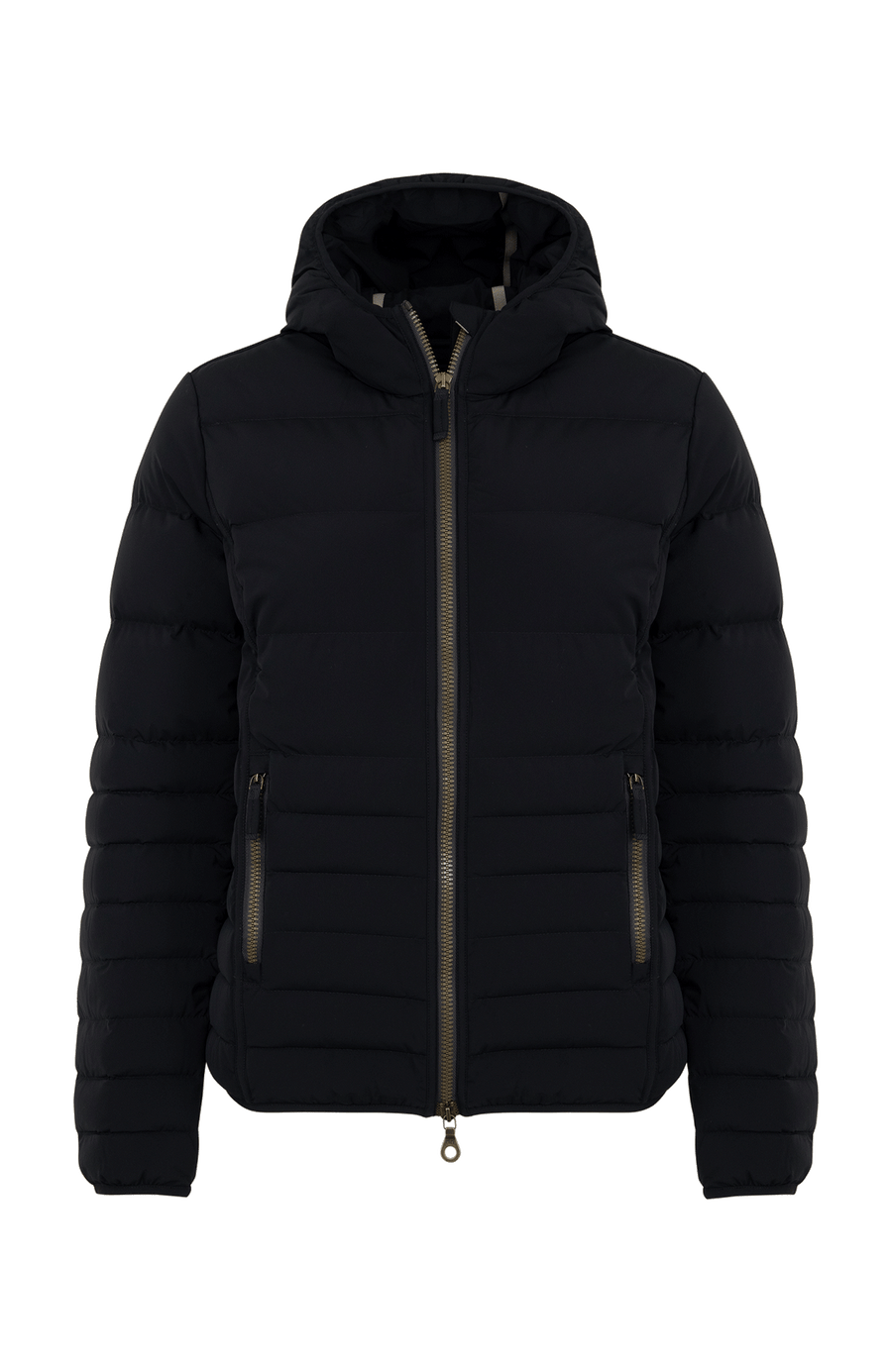 Vorderansicht der Frauenschuh Damen-Winterjacke „Leonora“ in der Farbe Black (Schwarz), Modellnummer 576691, hochwertige Funktionsjacke für Wintersport und Freizeit, elegantes Design mit geradem Schnitt, wasserabweisendes, feuchtigkeitsregulierendes, elastisches und atmungsaktives Material, warme Isolierung für kalte Tage, Kapuze mit edlem Besatz, praktische Reißverschlusstaschen, sportlich-luxuriöser Look.