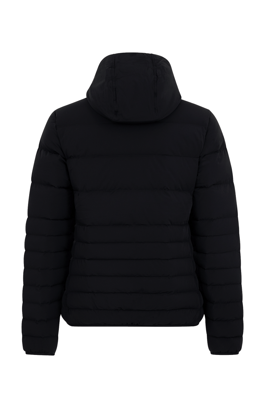 Rückansicht der Frauenschuh Damen-Winterjacke „Leonora“ (Modell STN 010) in der Farbe Black (Schwarz), getragen von einem weiblichen Model. Die Jacke zeigt einen geraden Schnitt mit sportlich-elegantem Design, gefertigt aus wasserabweisendem, atmungsaktivem, feuchtigkeitsregulierendem, elastischem und wärmendem Material. Ideal für Wintersport und Freizeit.