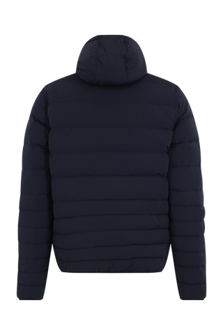 Frauenschuh Herren Daunen-Winterjacke Lorenzo in Midnight – Rückansicht der Funktionsjacke mit gleichmäßigem Steppdesign und fester Kapuze. Die Jacke überzeugt durch ihre moderne Optik und funktionale Gestaltung, ideal für kalte Wintertage und vielseitige Aktivitäten.