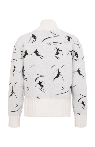 Cashmere Merino Pullover weiß mit Schifahrer Motiv von hinten