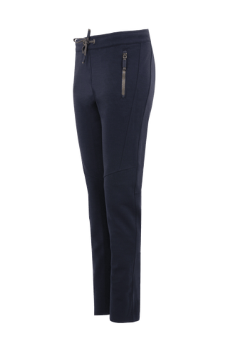 Frauenschuh Clio WP Wollhose für Damen in dunkelblau (163-0),Seitenansicht der Stretchhose für Frühling und Sommer. Ideal für Freizeitaktivitäten und Sport, mit elastischem Bund zum Zubinden und praktischen Reißverschlusstaschen. Bietet einen modernen, sportlichen Look und hohen Tragekomfort