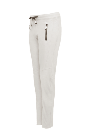Frauenschuh Clio PSW Wollhose für Damen in Glacier-Weiß (226-0), Seitenansicht. Diese leichte, atmungsaktive Stretchhose für Frühling und Sommer bietet einen modernen sportlichen Look. Ausgestattet mit einem elastischen Bund zum Zubinden und Reißverschlusstaschen, perfekt für Freizeitaktivitäten und Sport