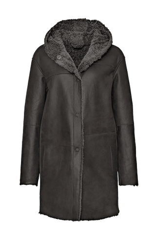 Lammfell Mantel mit Kapuze schwarz grau von vorne