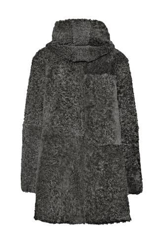 Lammfell Mantel mit Kapuze schwarz grau von hinten