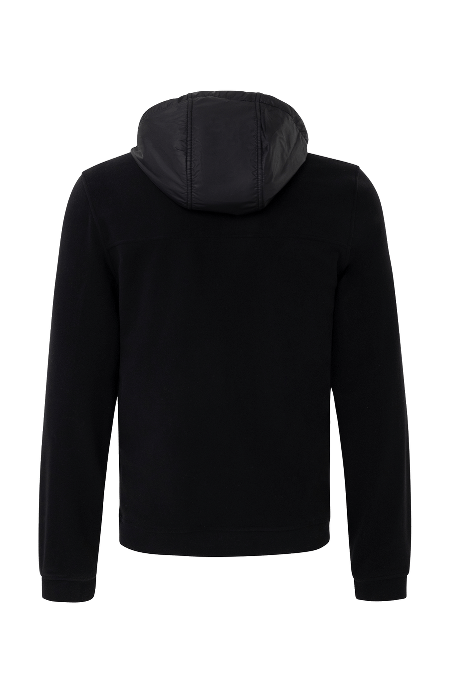 Rückansicht der Herrenjacke "Thomas" von Frauenschuh in schwarz, gefertigt aus umweltfreundlichem Biodegradable Fleece. Die stilvolle Jacke ist leicht und ideal für alle Jahreszeiten, mit modernem Schnitt und funktionalem Design – perfekt kombinierbar mit schlichten T-Shirts und nachhaltigen Accessoires