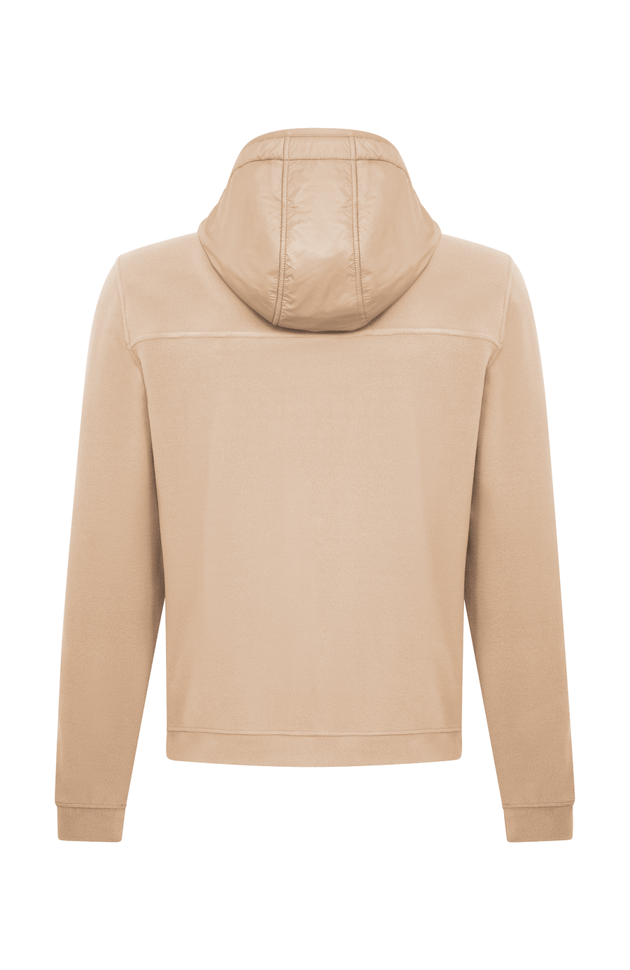 Rückansicht der Herrenjacke "Thomas" von Frauenschuh in beigem Farbton, gefertigt aus umweltfreundlichem Biodegradable Fleece. Die stilvolle Jacke ist leicht und ideal für alle Jahreszeiten, mit modernem Schnitt und funktionalem Design – perfekt kombinierbar mit schlichten T-Shirts und nachhaltigen Accessoires