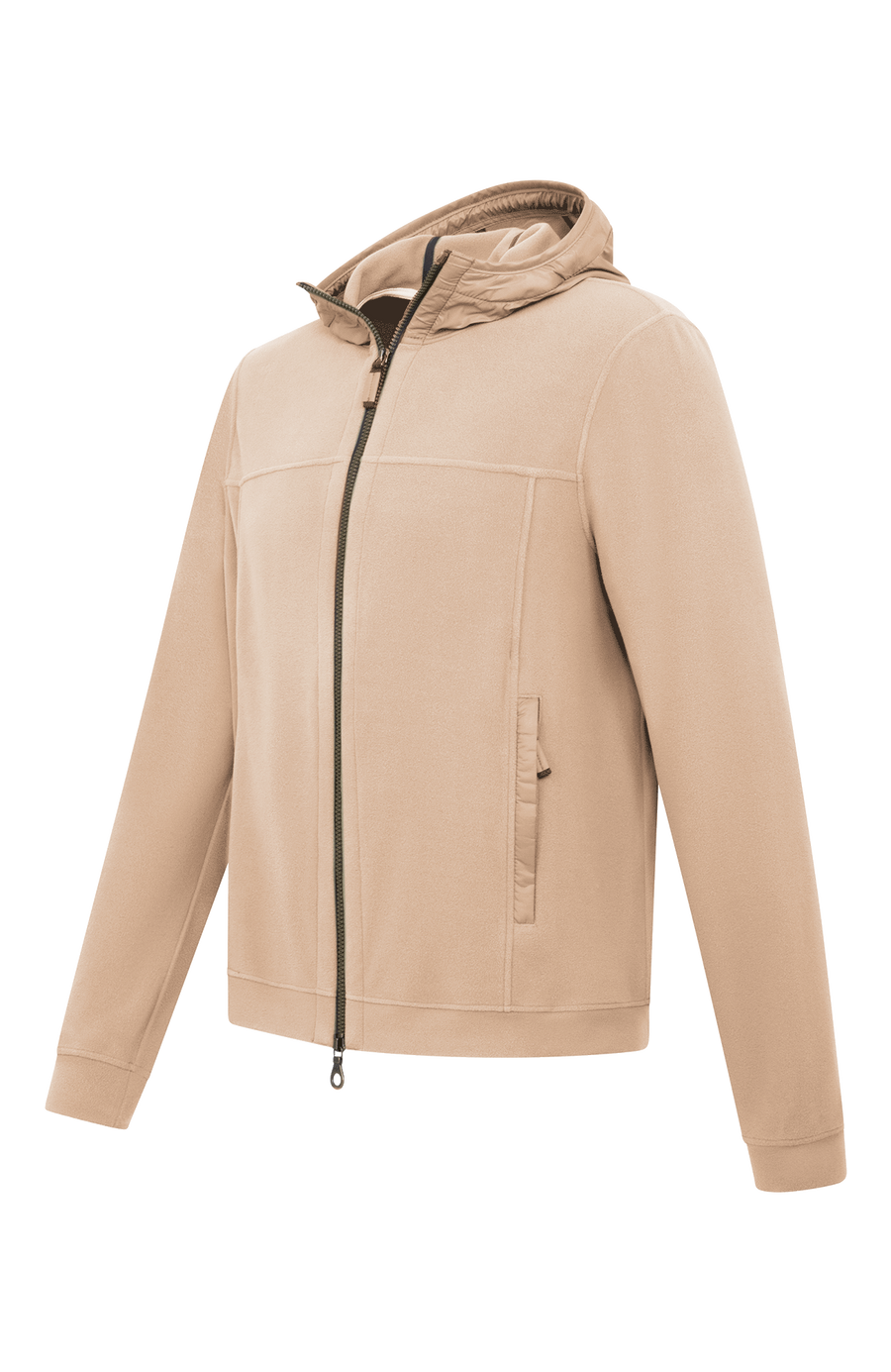 Herrenjacke „Thomas“ von Frauenschuh in weißem Farbton, gefertigt aus nachhaltigem Biodegradable Fleece. Die Jacke verfügt über einen minimalistischen Schnitt, verstellbaren Nylon-Kapuzenkragen, praktische Reißverschlusstaschen und einen Zweiwegereißverschluss.