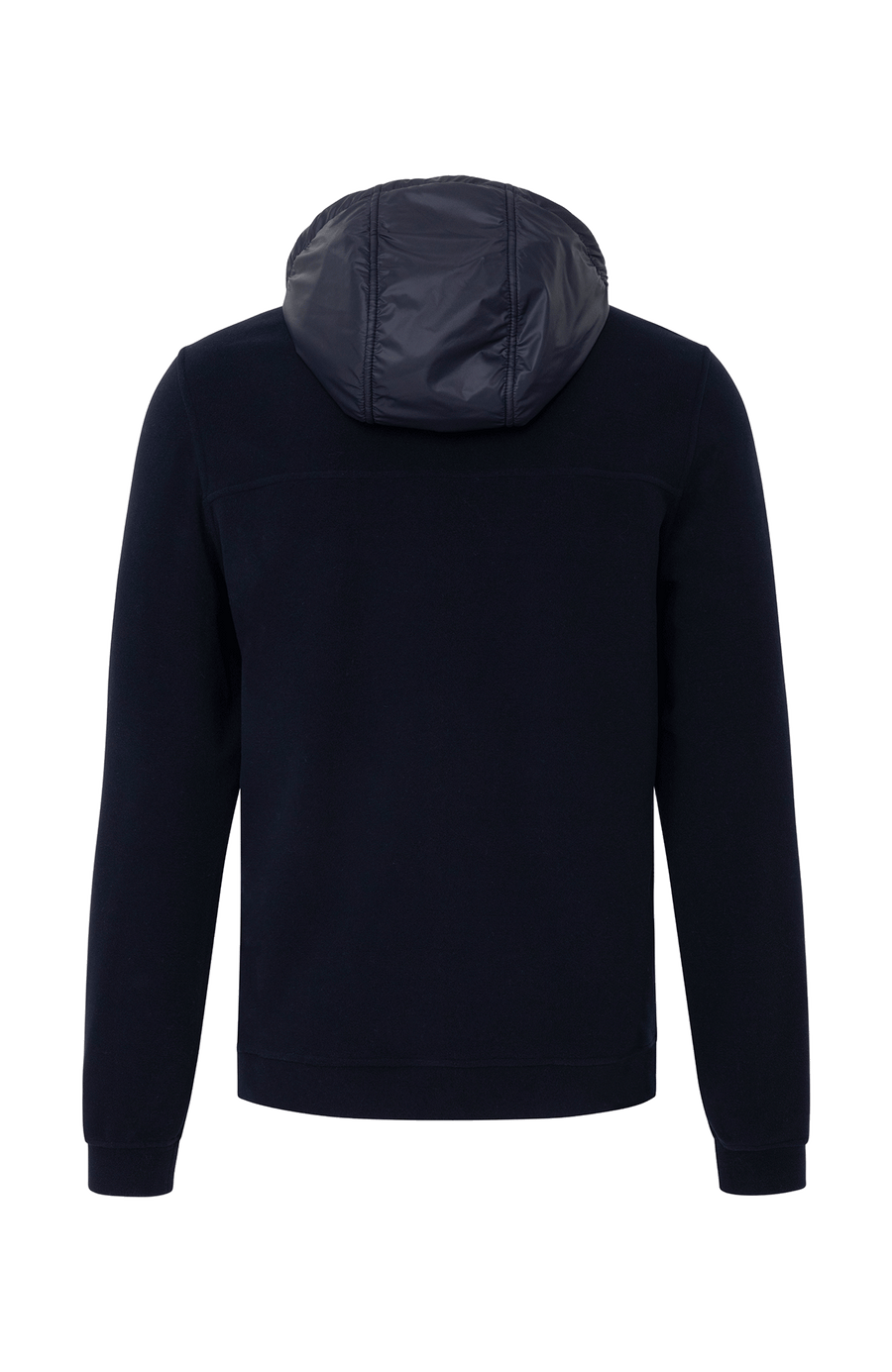 Rückansicht der Herrenjacke "Thomas" von Frauenschuh in dunkelblauen Farbton, gefertigt aus umweltfreundlichem Biodegradable Fleece. Die stilvolle Jacke ist leicht und ideal für alle Jahreszeiten, mit modernem Schnitt und funktionalem Design – perfekt kombinierbar mit schlichten T-Shirts und nachhaltigen Accessoires