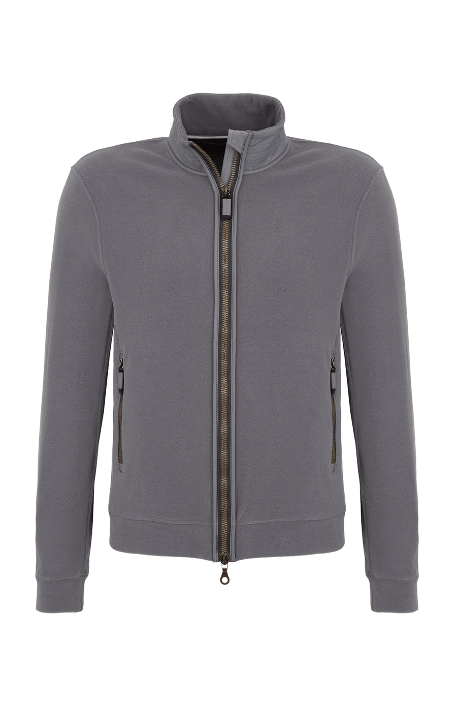 Herrenjacke „Oliver Biodegradable Fleece“ in einem Mittelgrau. Die Jacke besteht aus biologisch abbaubarem Fleece-Material und verbindet nachhaltige Funktionalität mit modernem Design. Zu sehen ist die Vorderansicht mit hohem Stehkragen, durchgehendem Frontreißverschluss und zwei seitlich integrierten Reißverschlusstaschen. Das Material wirkt weich, leicht strukturiert und bietet hohen Tragekomfort. Der ergonomische Schnitt mit klarer Linienführung verleiht der Jacke eine sportlich-elegante Silhouette