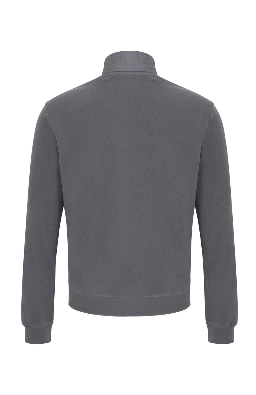 Rückansicht der Herrenjacke „Oliver-BF 2090“ von Frauenschuh in der Farbe „Cement“. Die Jacke zeigt eine klare, sportlich-elegante Silhouette mit ergonomischem Schnitt, der sich leicht zur Taille hin verjüngt. Das leicht strukturierte Material in kräftigem Grauton, wirkt funktional und hochwertig verarbeitet. Der hohe Stehkragen ist von hinten sichtbar, ebenso die präzisen Nähte, die dem Kleidungsstück Form und Struktur verleihen