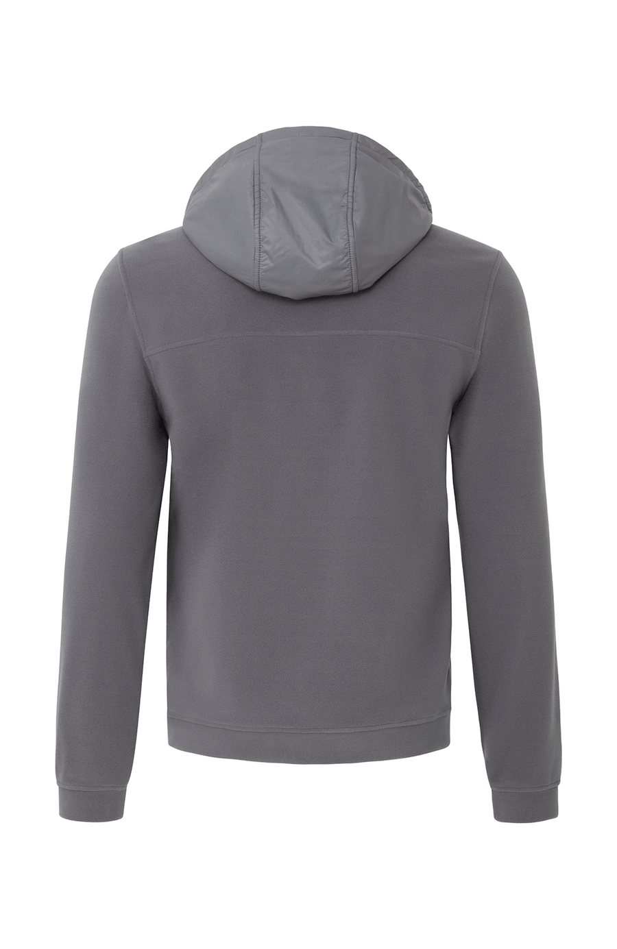 Rückansicht der Herrenjacke "Thomas" von Frauenschuh in grau, gefertigt aus umweltfreundlichem Biodegradable Fleece. Die stilvolle Jacke ist leicht und ideal für alle Jahreszeiten, mit modernem Schnitt und funktionalem Design – perfekt kombinierbar mit schlichten T-Shirts und nachhaltigen Accessoires