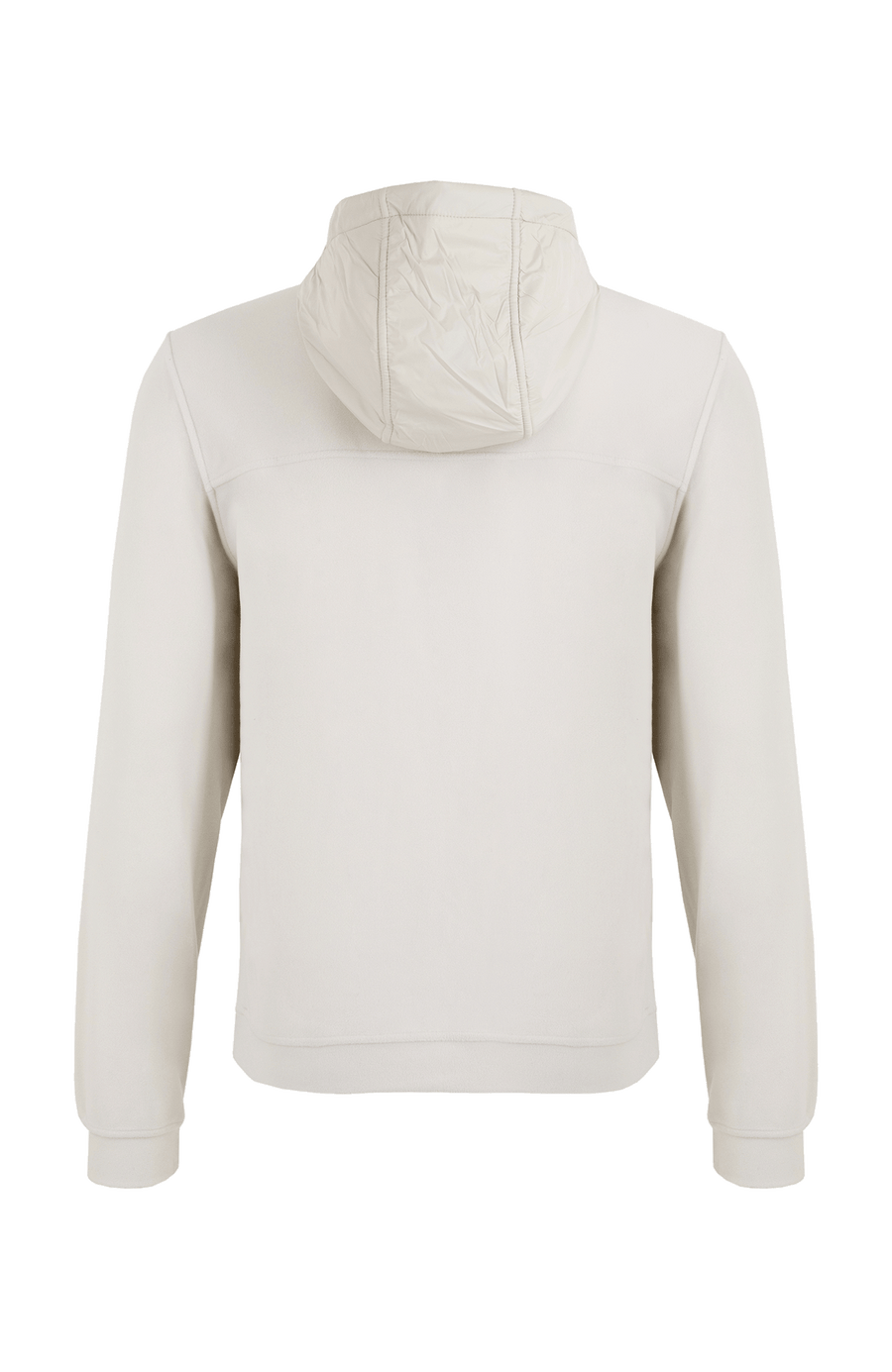 Rückansicht der Herrenjacke "Thomas" von Frauenschuh in weißem Farbton, gefertigt aus umweltfreundlichem Biodegradable Fleece. Die stilvolle Jacke ist leicht und ideal für alle Jahreszeiten, mit modernem Schnitt und funktionalem Design – perfekt kombinierbar mit schlichten T-Shirts und nachhaltigen Accessoires