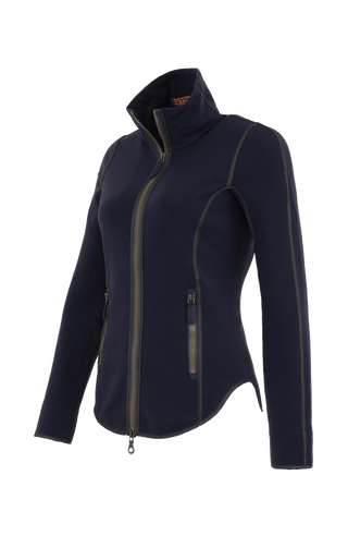 Frauenschuh Wera WP Sportjacke für Damen in Midnight (dunkelblau), nachhaltige Stretchjacke für Frühling, Sommer, Herbst und zum layern im Winter, atmungsaktiv und elastisch für optimale Bewegungsfreiheit. Ideal für Sport und Outdoor-Aktivitäten, mit femininer Passform, 2-Wege-Reißverschluss und praktischen Reißverschlusstaschen, seitlich höher geschnitten als vorne und hinten