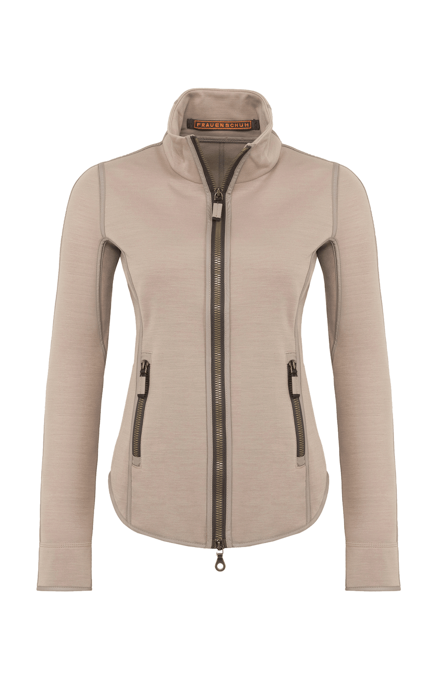Vorderansicht der Damen-Sportjacke „Wera“ in der Farbe Cashmere (Beige) – leichte, nachhaltig gefertigte Stretchjacke mit sportlichem Schnitt und Zwei-Wege-Zippverschluss; ideal für Frühling und Sommer oder im Winter als Layer unter wärmeren Jacken