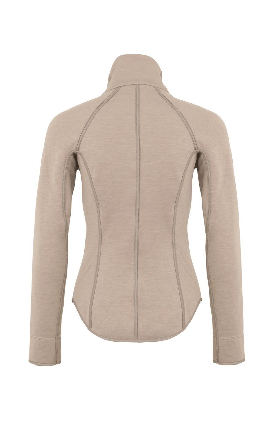 Rückansicht der Damen-Stretchjacke „Wera“ in Cashmere (Beige) – zeigt den klaren, taillierten Schnitt und das glatte, elastische Material; ideal für Frühling und Sommer sowie als Midlayer im Winter