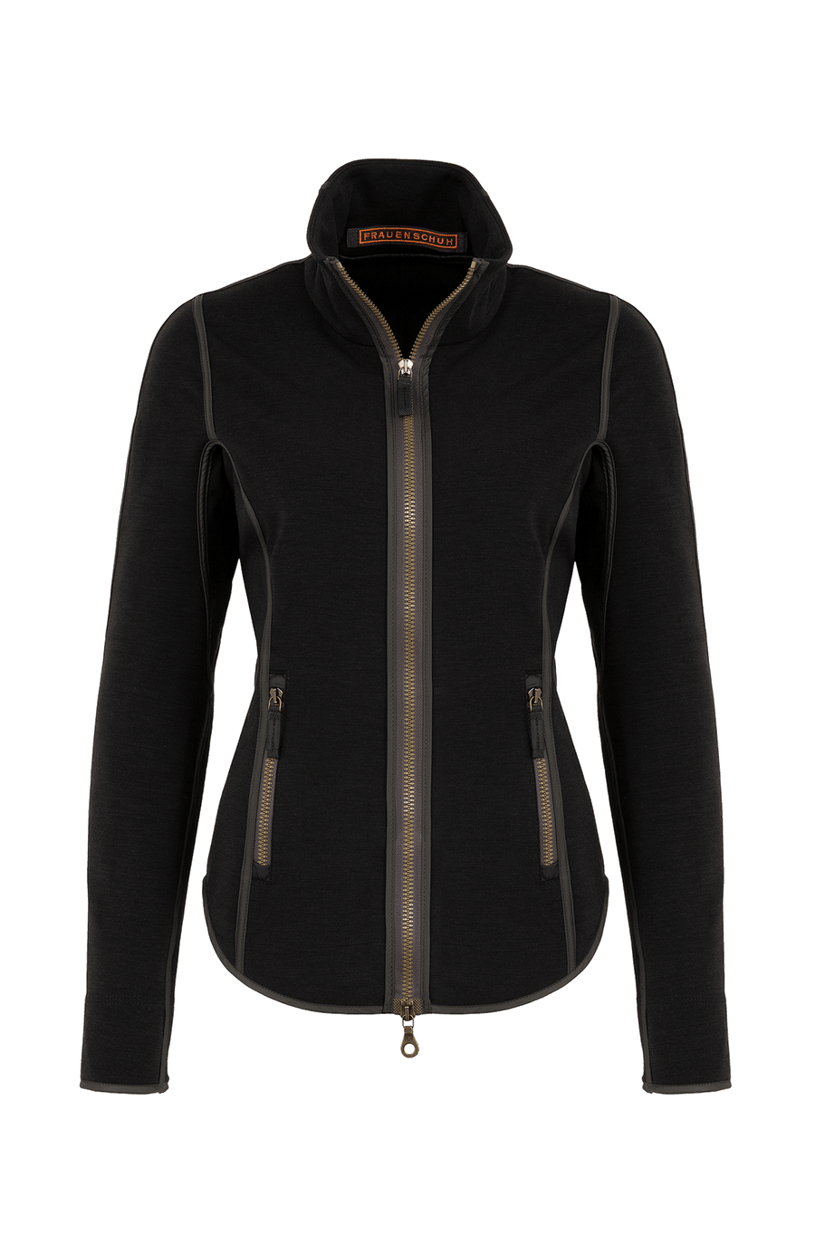 Vorderansicht der Damen-Sportjacke „Wera“ in der Farbe Black (schwarz) – leichte, nachhaltig gefertigte Stretchjacke mit sportlichem Schnitt und Zwei-Wege-Zippverschluss; ideal für Frühling und Sommer oder im Winter als Layer unter wärmeren Jacken