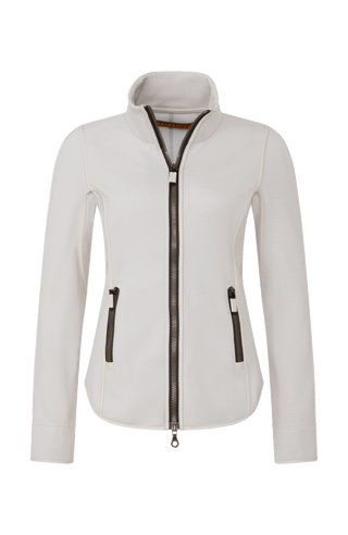 Weiße Stretch Sport Jacke von vorne mit offenkantigen Nähten