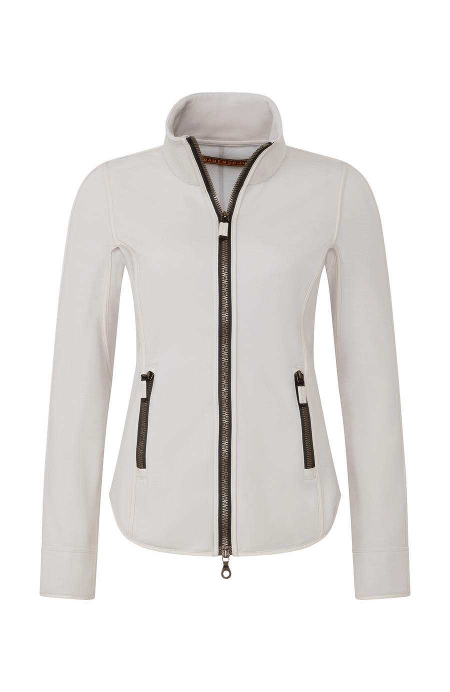 Vorderansicht der Damen-Sportjacke „Wera“ in der Farbe Sandstone (weiß) – leichte, nachhaltig gefertigte Stretchjacke mit sportlichem Schnitt und Zwei-Wege-Zippverschluss; ideal für Frühling und Sommer oder im Winter als Layer unter wärmeren Jacken