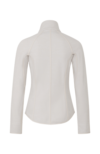 Weiße Sport Stretch Jacke von hinten mit offenkantiger Nahtverarbeitung 