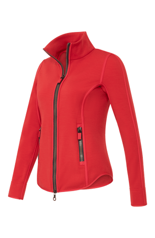 Rote Sport Stretch Jacke mit offenkantigen Nähten von der Seite