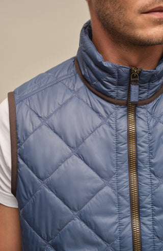 Detailaufnahme der gesteppten Herrenweste „Henri-QL“ von Frauenschuh in denimblau; Fokus auf das hochwertige, leicht glänzende Nylonmaterial mit präziser Rautensteppung; sichtbar sind feine Verarbeitung, glatte Kantenabschlüsse und dezente Nahtverläufe; ein Ausschnitt des Reißverschlusses und Kragens im Bild; die Aufnahme betont die exklusive Materialqualität und das edle Finish der Sommer- und Frühlingsweste aus der Frauenschuh-Kollektion
