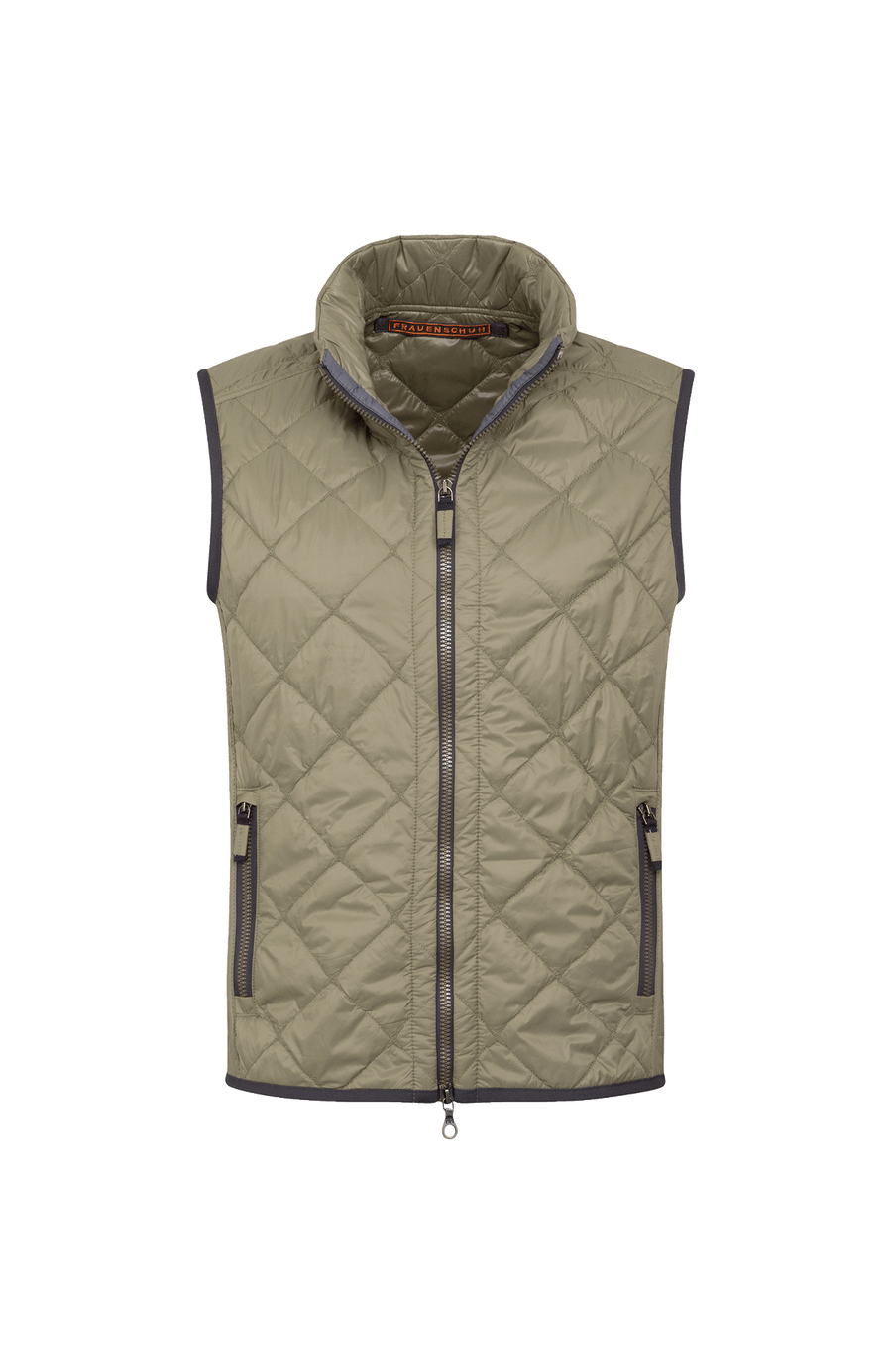 Herren-Quiltweste von Frauenschuh aus hochwertigem, leicht glänzendem Nylon in Sage (Grün); luxuriös gestepptes Design mit feiner Rautenstruktur, Stehkragen und durchgehendem Zwei-Wege-Reißverschluss; verschließbare Seitentaschen; figurbetonter Schnitt für eine sportlich-elegante Silhouette; ideal für Frühling und Sommer, kombiniert Funktionalität mit stilvoller Ästhetik; perfekt tragbar über Hemd oder Pullover für einen modernen Layering-Look