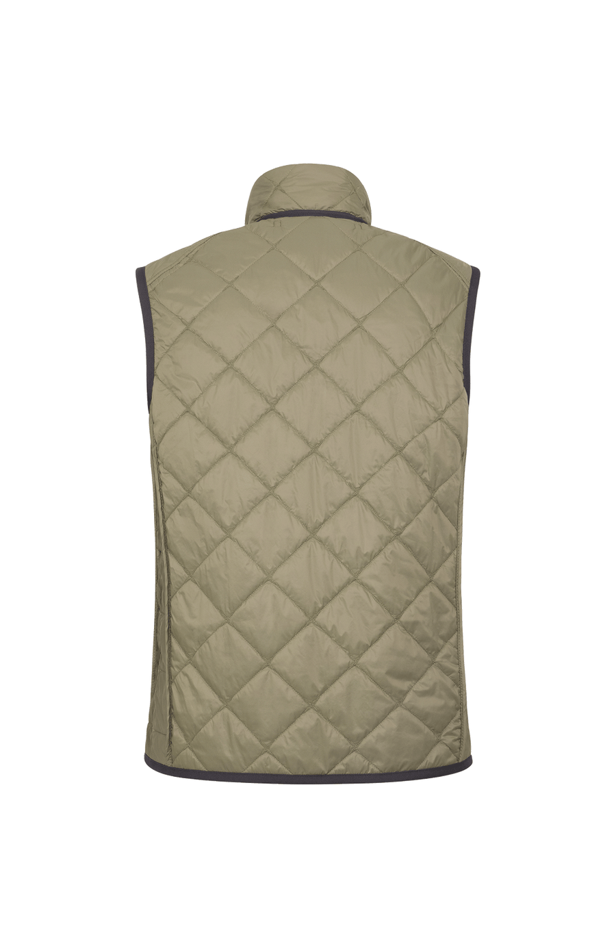 Rückansicht der Herren-Quiltweste „Henri-QL“ von Frauenschuh in Sage (Grün), hochwertiges, leicht glänzendes Nylon mit markanter Rautensteppung; ausgestattet mit Stehkragen, durchgehendem Zwei-Wege-Reißverschluss und verschließbaren Seitentaschen, die sportlich-elegante Weste überzeugt mit klarer Linienführung, funktionalem Design und leicht taillierter Passform – ideal für Frühling und Sommer als stilvolle Ergänzung zur Herren-Garderobe