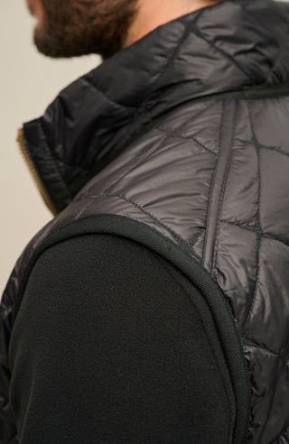 Detailaufnahme der gesteppten Herrenweste „Henri-QL“ von Frauenschuh in Black (Schwarz); Fokus auf das hochwertige, leicht glänzende Nylonmaterial mit präziser Rautensteppung; sichtbar sind feine Verarbeitung, glatte Kantenabschlüsse und dezente Nahtverläufe; ein Ausschnitt des Kragens im Bild; die Aufnahme betont die exklusive Materialqualität und das edle Finish der Sommer- und Frühlingsweste aus der Frauenschuh-Kollektion